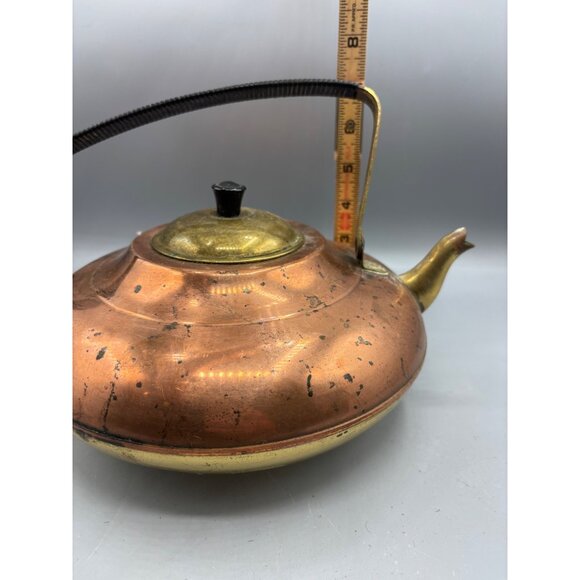 Vtg 70s Copper Brass‎ Teapot Tea Kettle Black Handle Decor - Picture 7 of 8